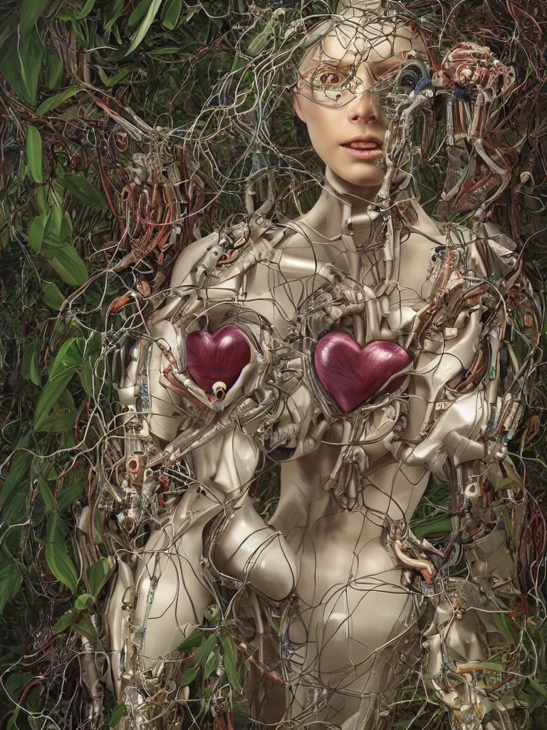 Prompt: portrait of a beautiful female android robot holding a realistic anatomical heart in her hands and crying, there are wires coming from her heart, tangled and entwined with her long flowing hair, mecha, biopunk, white xenomorph, bones, surrounded by tropical plants, painting by James C. Christensen, by Dan Witz, by tomasz alen kopera