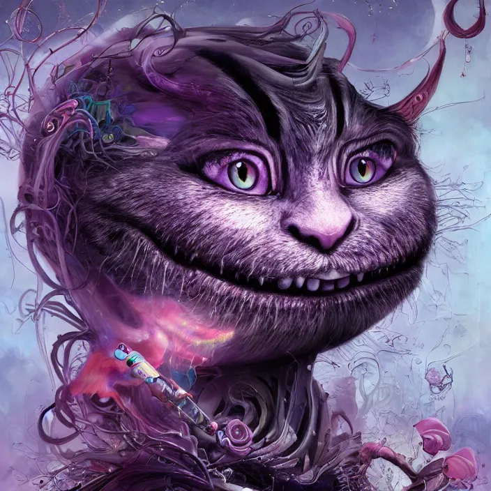 Image similar to dream portrait of Cheshire Cat from Alice in Wonderland,full character, melting ,8k,by tristan eaton,Stanley Artgermm,Tom Bagshaw,Greg Rutkowski,Carne Griffiths, Ayami Kojima, Beksinski, Giger,trending on DeviantArt,face enhance,hyper detailed,minimalist,cybernetic, android, blade runner,full of colour