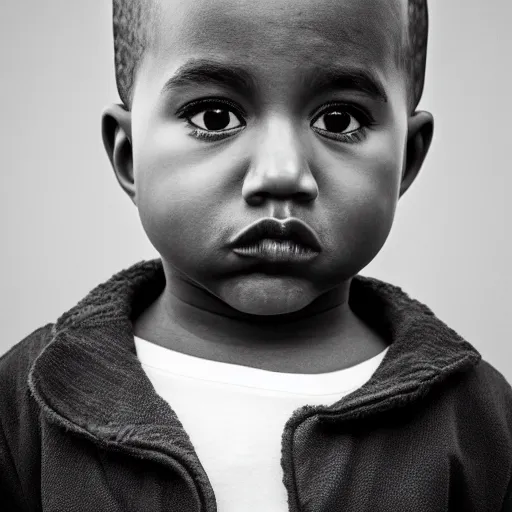 Prompt: the face of kanye west at 4 years old, portrait by julia cameron, chiaroscuro lighting, shallow depth of field, 8 0 mm, f 1. 8