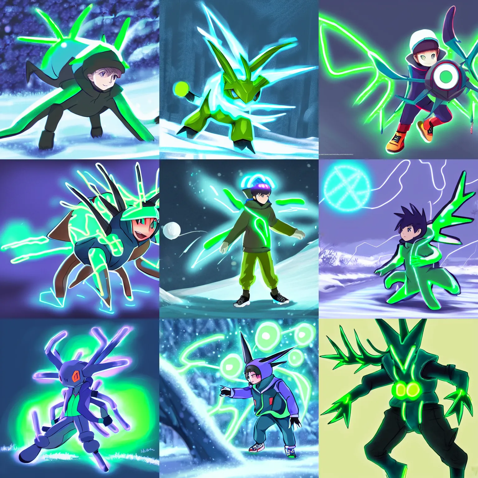 Prompt: a boy in winter clothing, trying to catch a neon green dialga with a masterball, concept art, digital art, detailed, anime, pokemon, 8 k hd