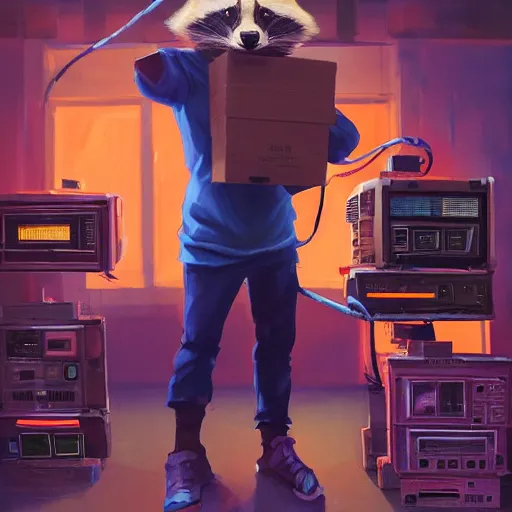 Image similar to greg manchess painting of a trash panda character, holding a box of cables and standing next to old electronic equiptment, medium shot, asymmetrical, profile picture, organic painting, night time, dark, neon lights, matte painting, bold shapes, hard edges, street art, trending on artstation, by huang guangjian and gil elvgren and sachin teng