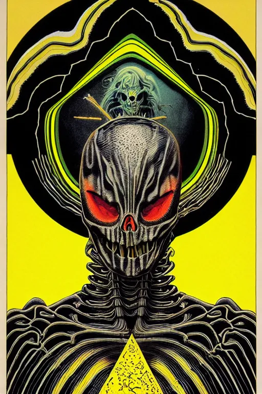 Prompt: black and yellow technicolor color risoprint, richard corben, wayne barlowe, moebius, heavy metal comic cover art, psychedelic triangular skeleton, very intricate, full body portrait, symmetrical face, in a concentric background, galactic dark colors