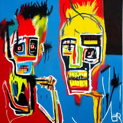 Image similar to robert nava paintings in the style of jean michel-basquiat