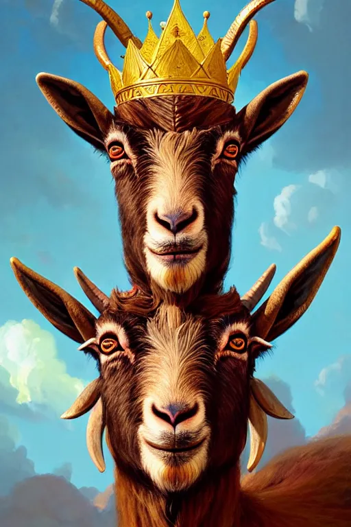 Prompt: highly detailed portrait of a three - headed goat wearing golden crown and pink tutut, stephen bliss, unreal engine, fantasy art by greg rutkowski, rhads, ferdinand knab, makoto shinkai and lois van baarle, ilya kuvshinov, rossdraws, tom bagshaw, global illumination, radiant light, red blue theme, meadow