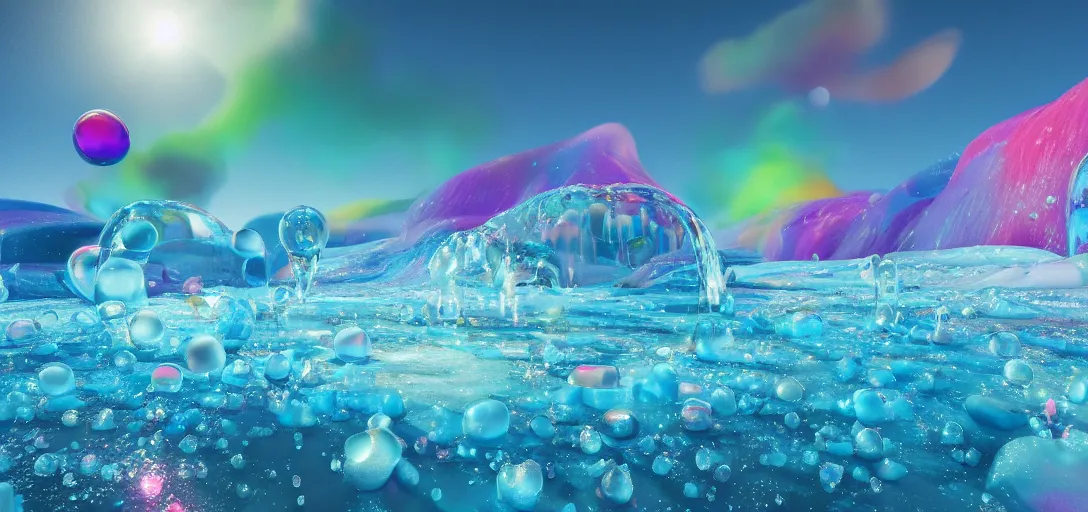 Image similar to surrealistic render of a icy candy landscape, sugar dust, colourful liquid bubbling, iridescent skies, waves, bubbles, reflections, refractions, caustics, dappled light, cinematic lighting, ultra detailed, sharp, ambient occlusion, raytracing, 3 d artstation render by greg rutowski, finnian macmanus and jessica rossier