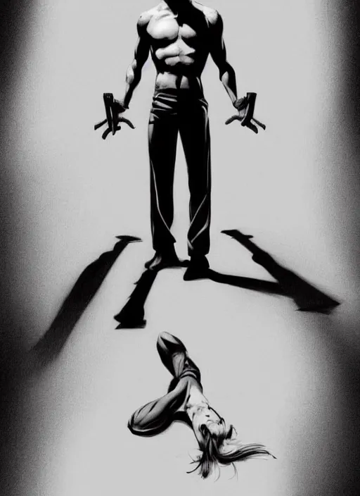 Image similar to aesthetic digital illustration of a solitary handsome young psycho standing in an empty white room by brian bolland, rachel birkett, alex ross, and neal adams | sinister, dangerous, character concept, concept art, unreal engine, finalrender, centered, deviantart, artgerm