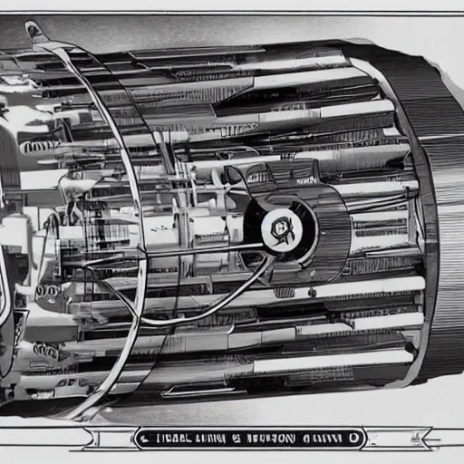 Prompt: cutaway diagram of a ship line drawing labelled engine parts harpoon tesla coil