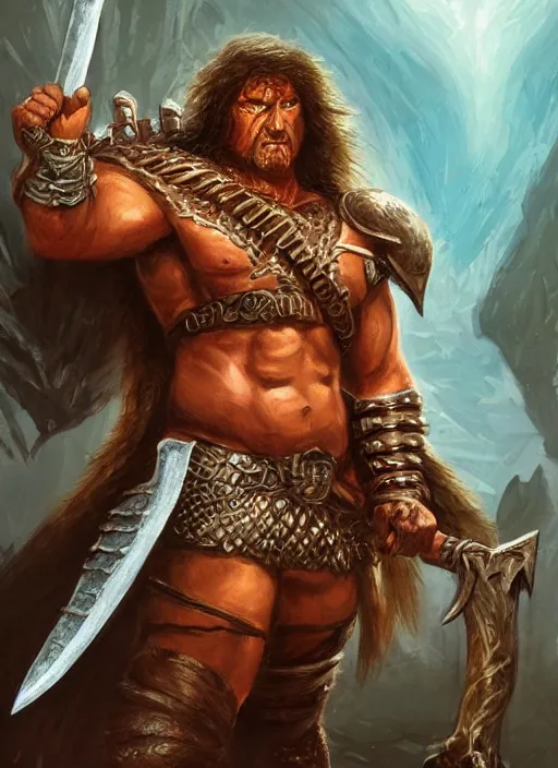 Image similar to barbarian, ultra detailed fantasy, dndbeyond, bright, colourful, realistic, dnd character portrait, full body, pathfinder, pinterest, art by ralph horsley, dnd, rpg, lotr game design fanart by concept art, behance hd, artstation, deviantart, hdr render in unreal engine 5