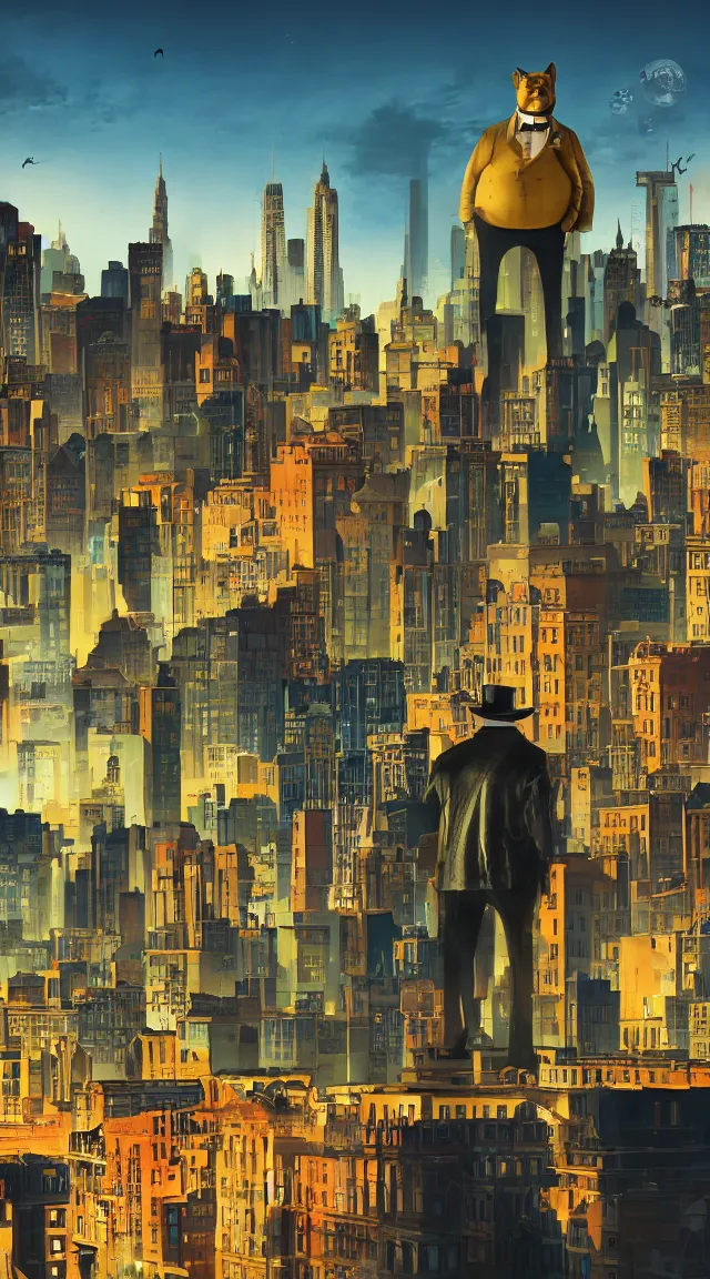 Image similar to giant doge looming over retro city, composition, artwork, money, fat robot, top hat, dusk, night, tall hat, sky, buildings, realistic
