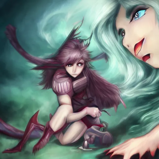 Image similar to woman fighting a monster, art by Serpieri