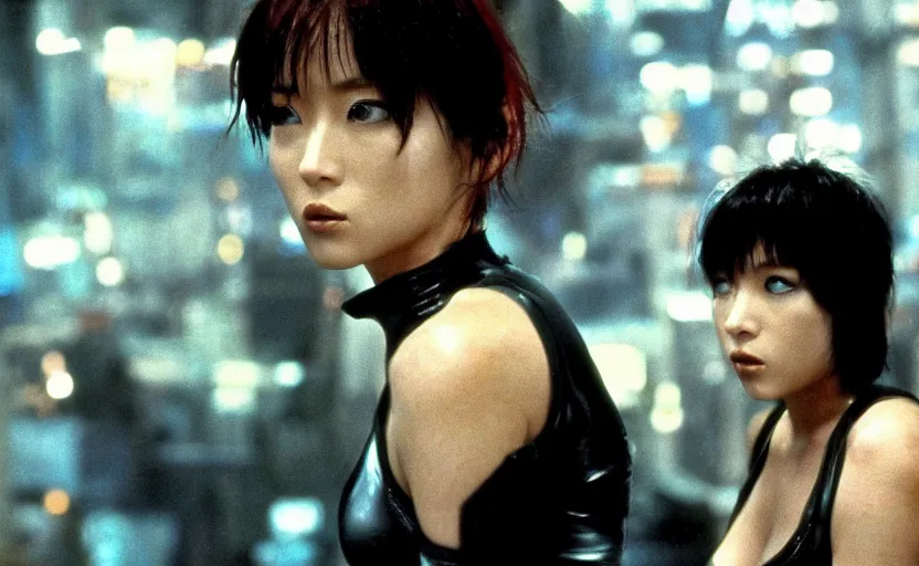 Image similar to movie still of motoko kusanagi as pris in bladerunner, directed by ridley scott, restraunt background