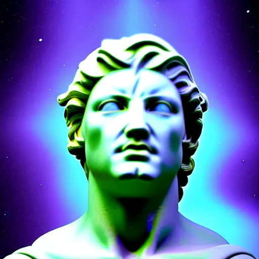 Image similar to 3 d sci - fi cgartist rendering of a hyper realistic marble greek statuary bust floating at the vast pulsating interdimensional fractal space portal at the psychedelic vaporwave event horizon directed by col price, trending on artstation