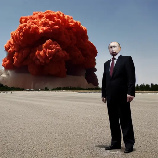 Image similar to putin standing next to nuclear explosion