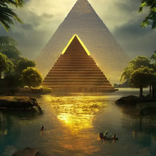 Prompt: pyramid in space or in water, a magical ancient pyramid, gold, treasure, lara croft charater, realistic illustration, pyramid surrounded with greenery, illustrations, 3 d render, illustrated, incredible details, highly detailed, photorealistic, disney pixar, octane render, iridescent, anime, 8 k