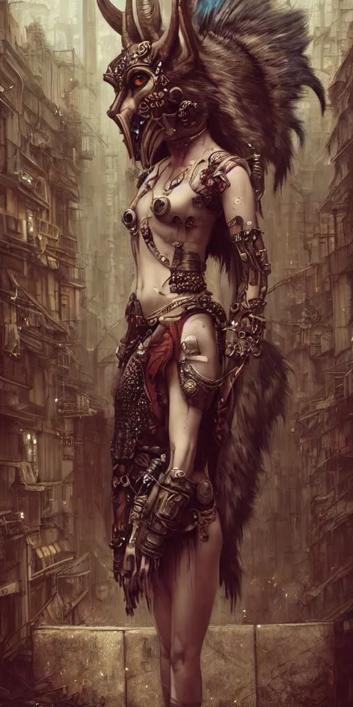 Image similar to hyper realistic Princess Mononoke, ornate mask, wet market street, cyberpunk metropolis, city landscape, jewels, full body pose, wolves, style of tom bagshaw, mucha, james gurney, norman rockwell, denoised, sharp