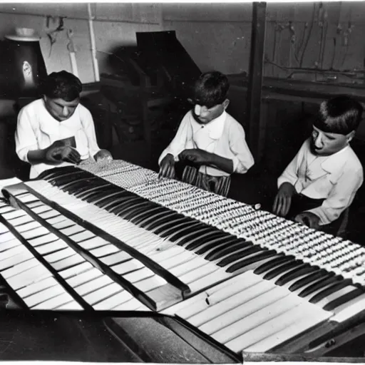 Prompt: penguins building a yamaha keyboard, 1930