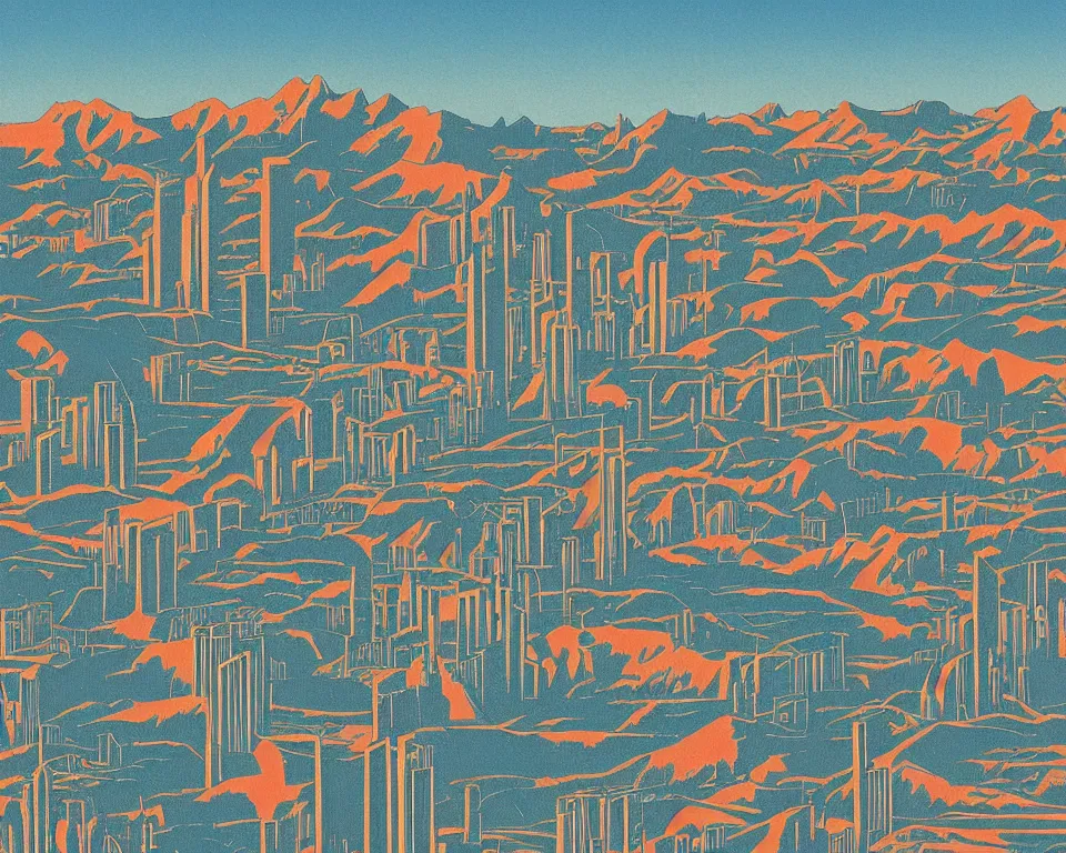 Prompt: beautiful landscape print of a futuristic metropolis in the badlands, trending on art station, by Hasui Kawase and Alex Katz.