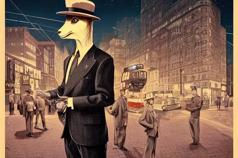 Image similar to an anthropomorphic llama wearing a 1 9 4 0's noire detective outfit, standing in the streets of a big city at night looking at a crime scene, crime scene photography by moebius, junji ito, tristan eaton, victo ngai, artgerm, rhads, ross draws, hyperrealism, intricate detailed,