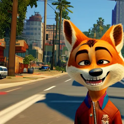 Image similar to Grand Theft Auto: San Andreas loading screen featuring Nick Wilde (from Zootopia)