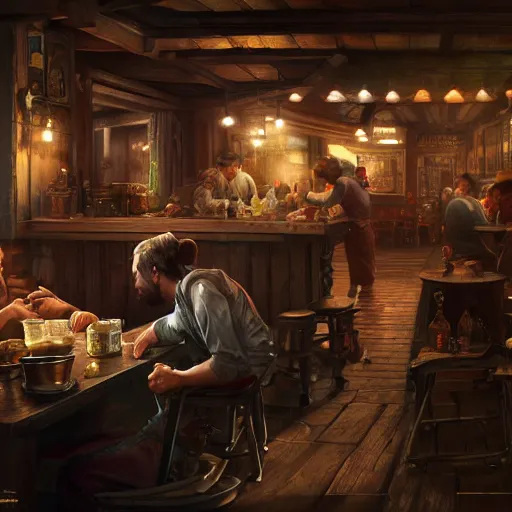 Prompt: busy tavern scene, Ultra realistic, intricate, mysterious, cinematic, 4k, illustration, concept art, photorealistic, award winning on Artstation