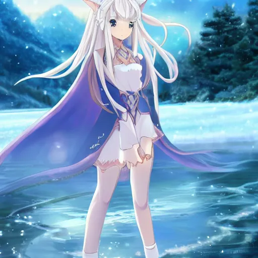 Image similar to a very beautiful anime elf girl, full body, long silver hair with a flower, sky blue eyes, full round face, short smile, shore clothes, thick thigs, firm chest, ice snowy lake setting, cinematic lightning, medium shot, mid-shot, highly detailed, trending on Artstation, Unreal Engine 4k, cinematic wallpaper by Stanley Artgerm Lau, WLOP, Rossdraws, James Jean, Andrei Riabovitchev, Marc Simonetti, and Sakimichan