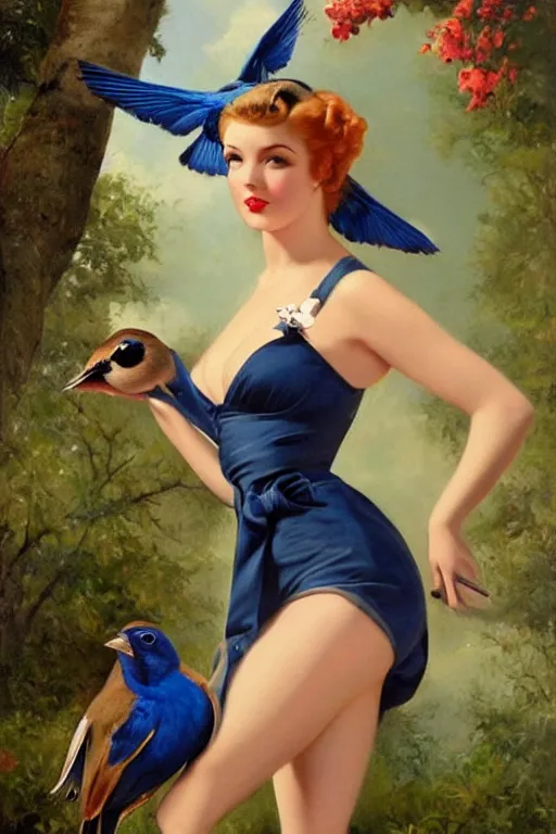 Prompt: hyper realistic painting, pinup girl holding an indigo bunting, bird, the bird is wearing a bowtie, anime, porcelain skin, glistening, very coherent, gillette gil elvgren