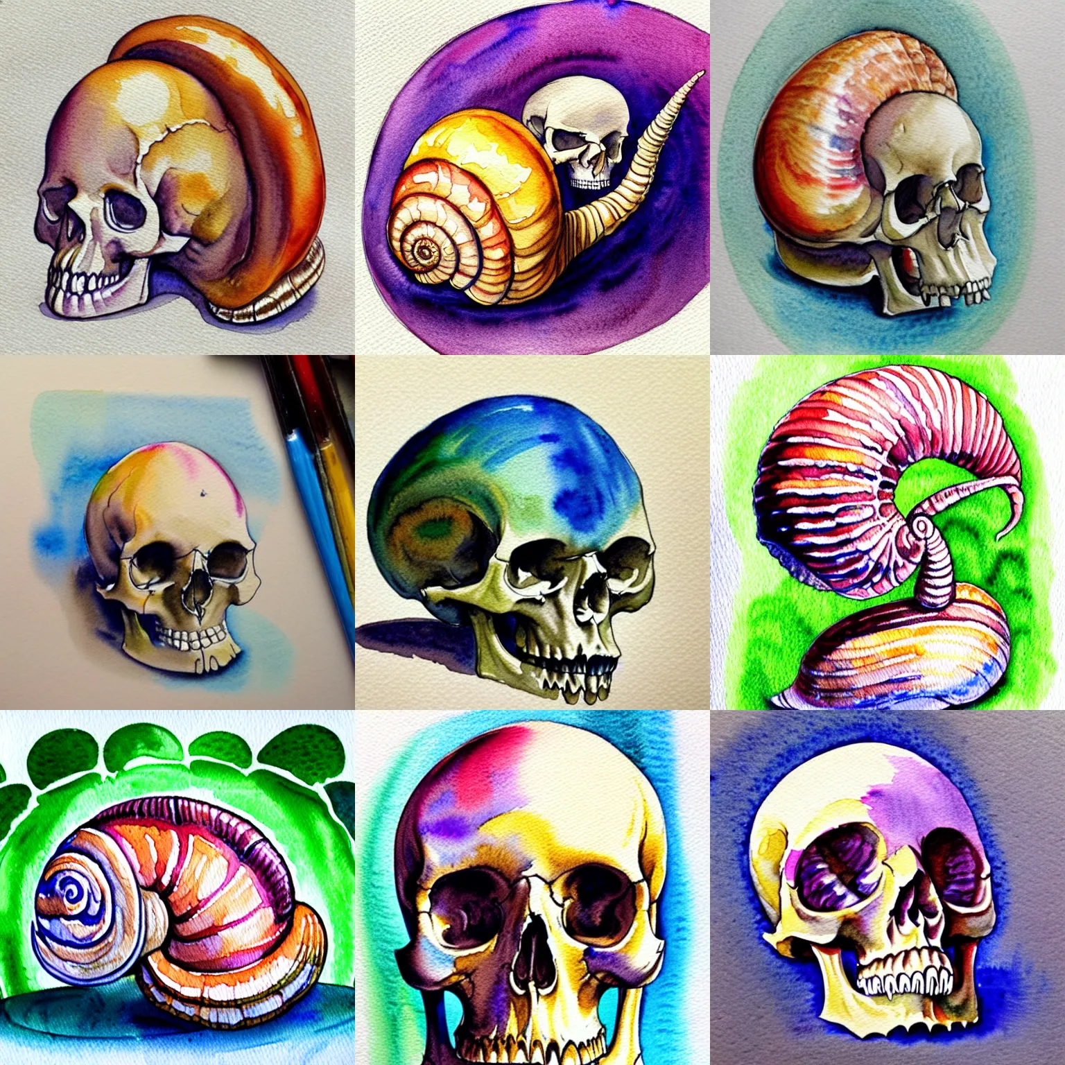 Prompt: watercolour of snail!! with human skull shell, realism, intricate, colourful