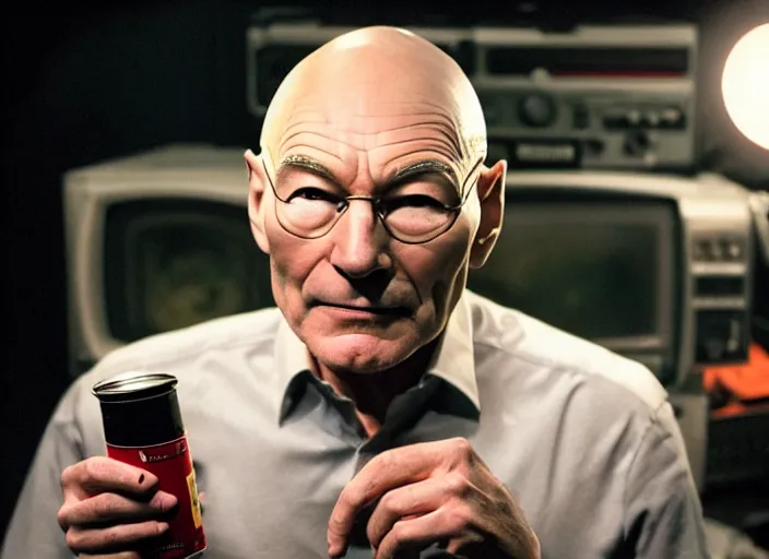 Image similar to a scene from a 2 0 2 0 s halloween kills, patrick stewart is eating from a can of beans, vhs distortion, cathode ray tube distortion, folk horror, hauntology, 8 k, 8 5 mm f 1. 8, studio lighting, rim light, right side key light