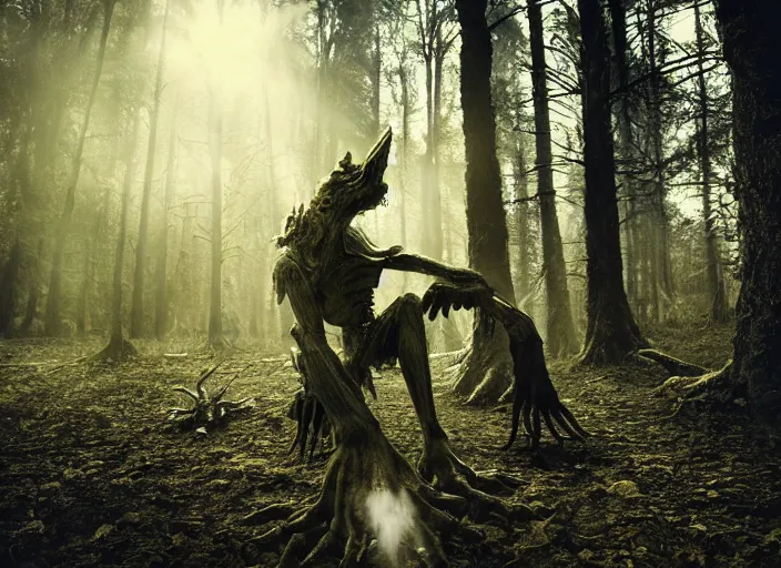 Image similar to an incredibly scary and very very unique monster creature with animal, human and tree characteristics, ancient folk legend in the forest, extremely creative, detailed, gloomy, dramatic evening light, lens flare, 1 8 mm lens, digital medium format professional photography