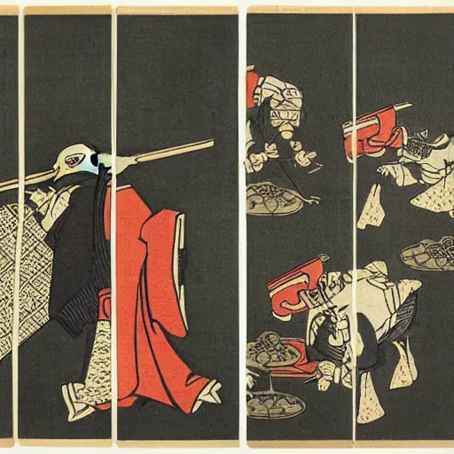 Image similar to ancient Japanese woodcut block print ukiyo-e plague doctor triptych