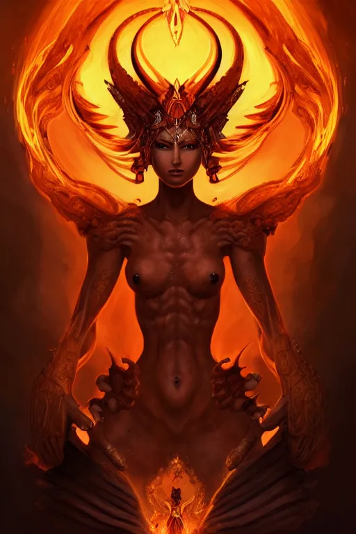 Image similar to a full body portrait of mixed final fantasy ifrit and mythical sphinx, with claws, levitating in artifact portal, fantasy, sharp focus, intricate, elegant, digital painting, artstation, matte, highly detailed, concept art, illustration, ambient lighting, art by peter mohrbacher, johannes voss, jingna zhang