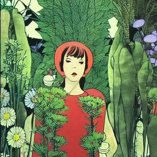 Prompt: a person in some plants with flowers for a face by satoshi kon, 7 0's vintage sci - fi flat surreal design
