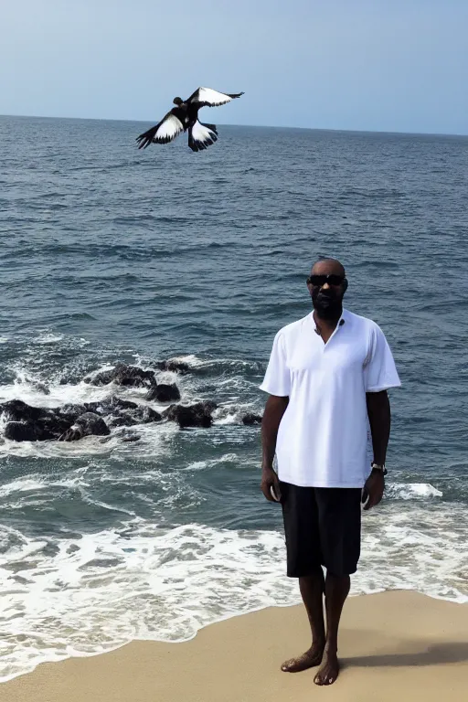 Image similar to a full - height photo of a black masculine man standing near an ocean, holding a white pigeon