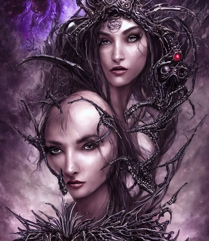 Image similar to close up portrait on the enchanting femenine queen of the zerg, hyper attractive, seductive, very complex, hyper-maximalist, overdetailed, legendary cinematic, darkfantasy, archetype with timeless beauty breathtaking eyes, her spider like legs spread evenly around her framing the image, collossal alien ship in the sky behind her, highly intricate, digital art, very elegant, HDR 8K, biblical art, realism, incomprehensible yet perspicious detail, unbeatable quality, silent hill aesthetic, photorealistic, lifelike, DSLR 8k, unbeatable coherency, Omnious intricate, octane render, created Nixeu & z--ed from deviantart