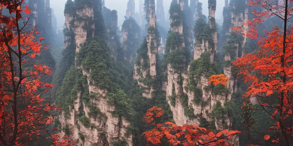 Prompt: zhangjiajie national forest park by dan mumford, artstation, behance, highly detailed, concept art, dramatic lighting