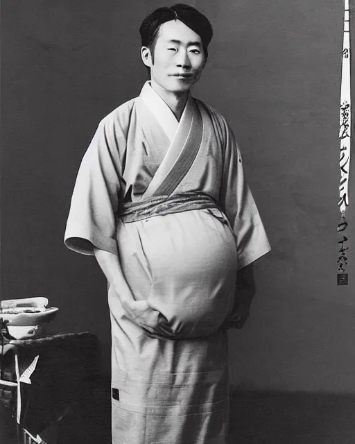 Prompt: 1 8 0 0's photograph of a heavily pregnant handsome!!! japanese man in his 2 0 s wearing a yukata, high quality image