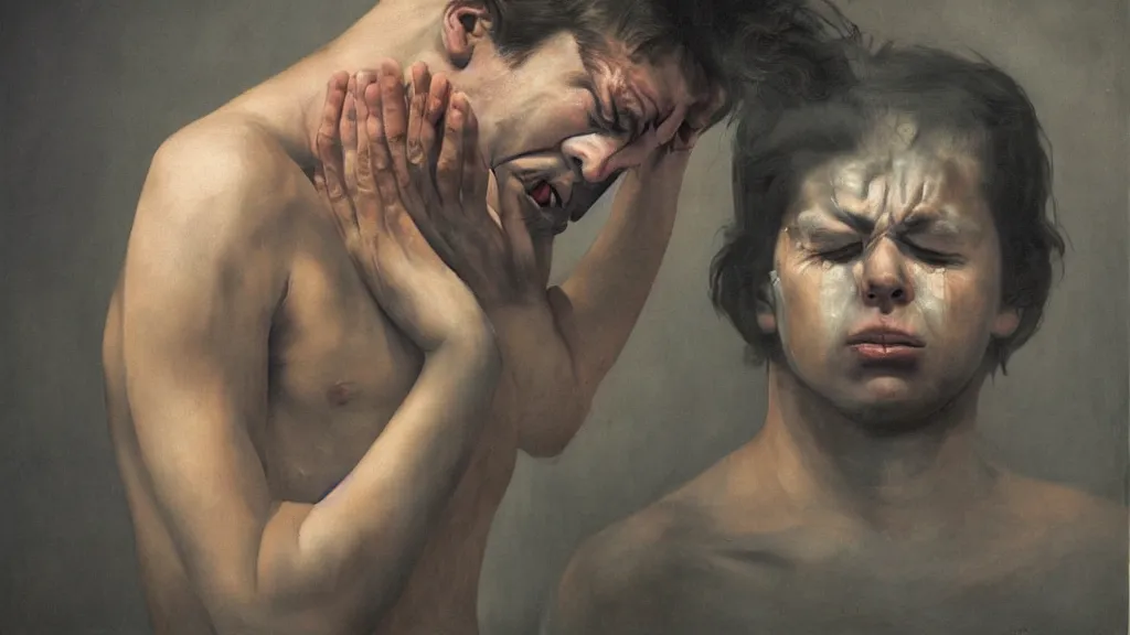 Image similar to surrealism lacking portrait of a crying young dude 2 7 years old, with violence