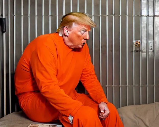 Image similar to Medium Shot Donald Trumps wearing orange pajamas kissing an eagle while sitting in a jail cell in solitary confinement in a maximum security prison, octane, dramatic lighting, editorial photo, 35mm, very detailed