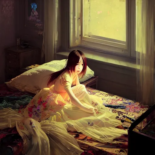 Image similar to beautiful young girl in intricate clothing by ross tran, sleeping in a messy bedroom at night, painted by sana takeda, reflections, very high intricate details, painting by liu xiaodong, digital anime art, medium shot, mid - shot, composition by ilya kuvshinov, backlit, lighting by greg rutkowski