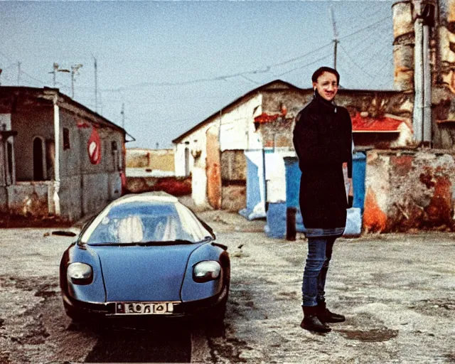 Image similar to a lomographic photo of lamborgini standing in typical soviet yard in small town, hrushevka on background, cinestill, bokeh