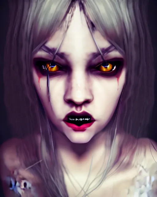 Image similar to realistic portrait of a scary young female game character with big equilateral triangle in place of a mouth, detailed portrait, high quality photo