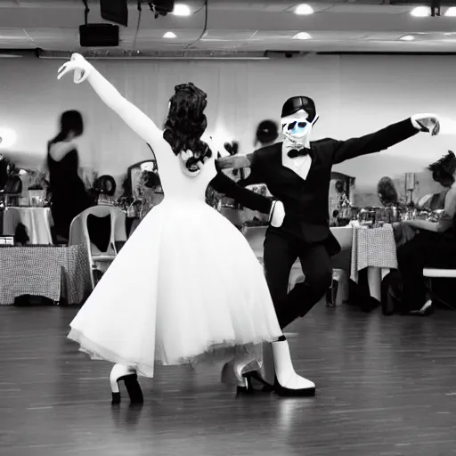 Prompt: black-and-white photo of two robots dancing tango