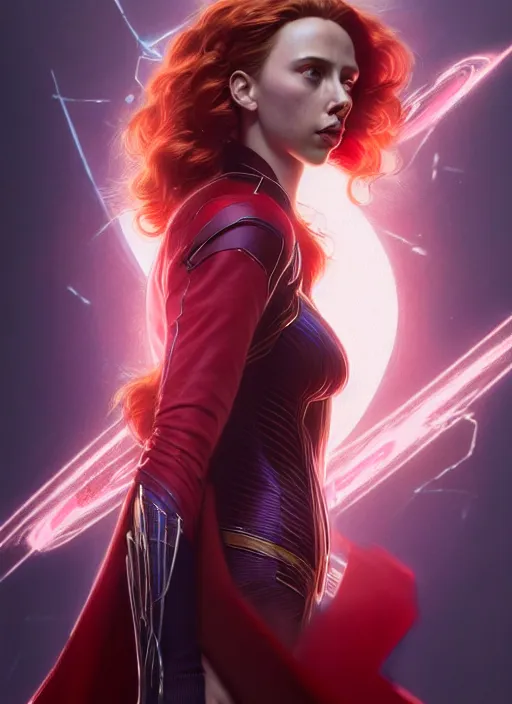 Image similar to character design by james jean, jakub rebelka, tran nguyen, yoann lossel, wadim kashin ( ( ( portrait of scarlett johansson as scarlet witch from avengers endgame ) ) ) emerging from a magic portal, sharp edges. ultra clear detailed. 8 k. ultra detailed, majestic, seductive