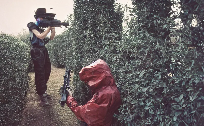 Image similar to cinestill 5 0 d photographic portrait by helen levitt of dark red hazmat scientists with guns walking through a brutalist hedge maze, extreme closeup, cinematic, modern cyberpunk, dust storm, 8 k, hd, high resolution, 3 5 mm, f / 3 2, tenet