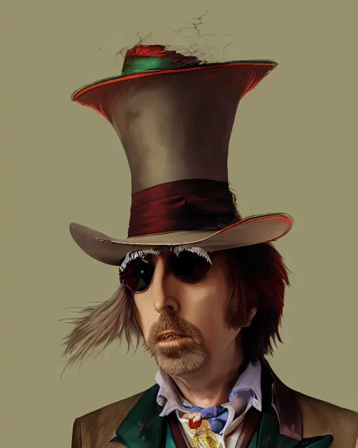 Image similar to tom petty as the mad hatter, contrast, kim jung gi, greg rutkowski, zabrocki, karlkka, jayison devadas, trending on artstation, 8 k, ultra wide angle, zenith view, pincushion lens effect