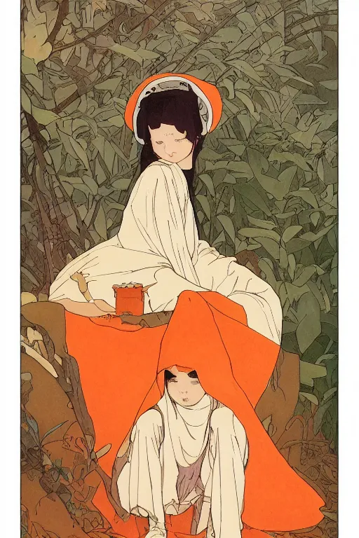 Prompt: a Girl in a large hood crouching on the ground by studio ghibli and mucha ,Visual Communication Design Refreshing colour ,orange slices,album,Microphone