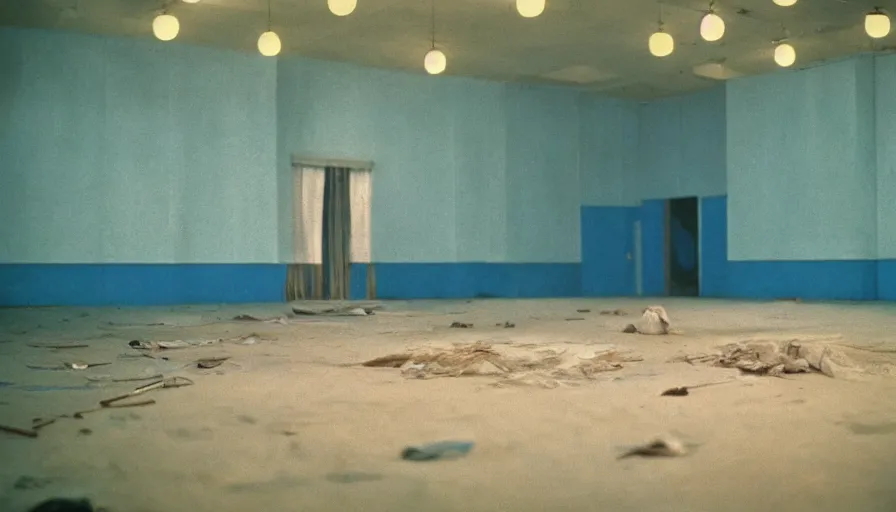 Prompt: 60s movie still of a white japanese female phantoms bloody in an empty soviet stalinist style ballroom with blue beds, cinestill 800t 35mm technicolor, heavy grain, high quality, higly detailed, liminal space