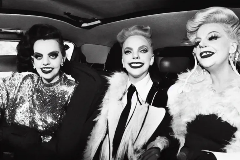 Image similar to lady gaga and judy garland doing carpool karaoke, lady gaga and judy garland, carpool karaoke, lady gaga, judy garland, carpool karaoke, youtube video screenshot, the late late show with james corden