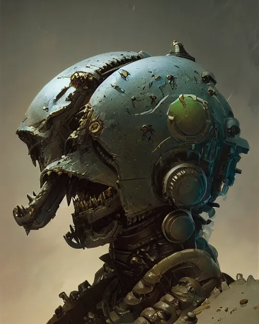 Image similar to hyper realistic portrait of warhammer android head, cinematic, chaos marine, nurgle, artstation, cgsociety, full head and shoulders, greg rutkowski, james gurney, mignola, craig mullins, brom