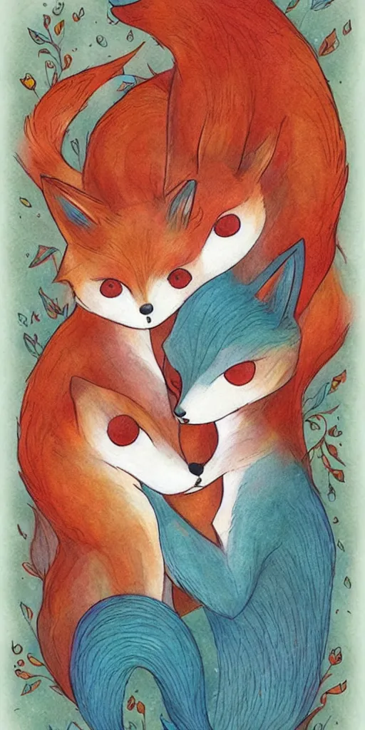 Prompt: greeting card, love, 2 affectionate foxes, by kelly mckernan, warm colors, cozy